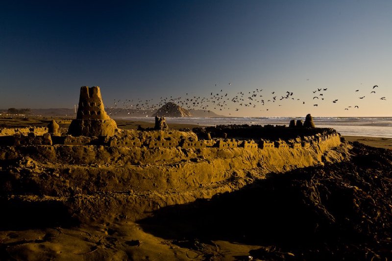 A sandcastle in a sunset with sea gulls overhead.