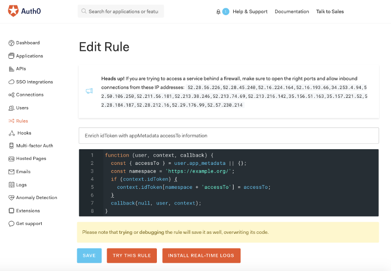 Screenshot of Auth0 rule setup.