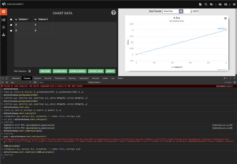 Screenshot of me debugging the Highcharts editor.