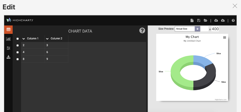 Screenshot of the embedded Highcharts Editor.