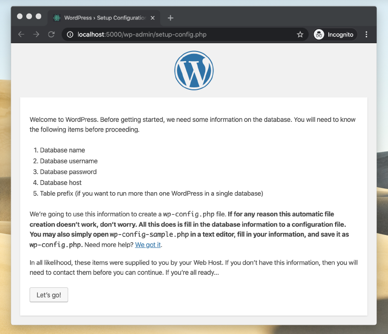 Screenshot of a browser page displaying install Wordpress.