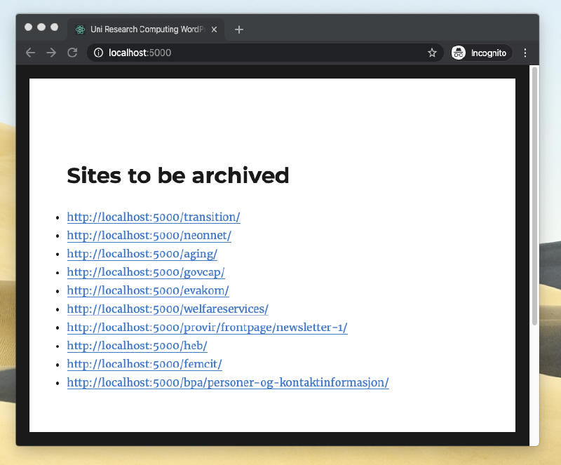 Frontpage with link list to archive.