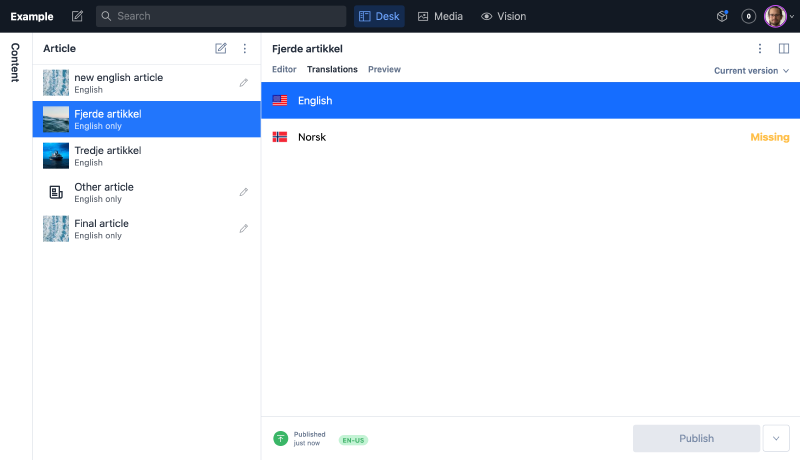 screenshot of the sanity studio where the translations tab for a document has been clicked.