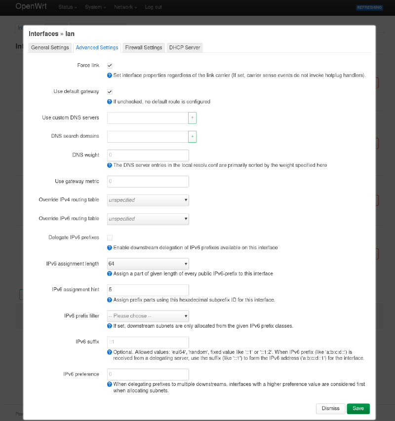 del 1, openwrt dialog boks for LAN-grensesnittet