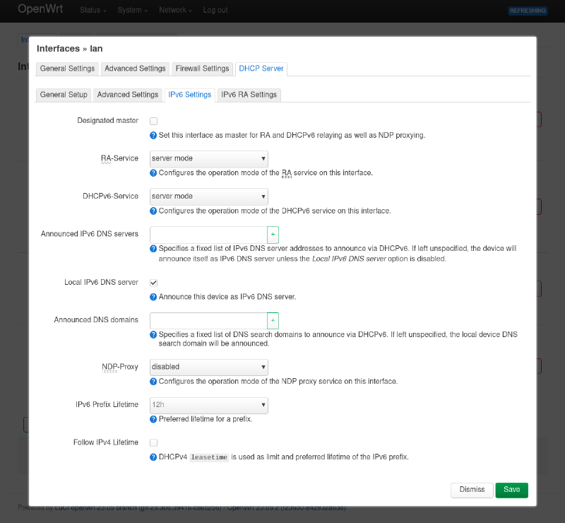 del to, openwrt dialog boks for LAN-grensesnittet