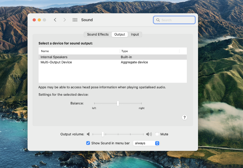 lydinstillinger med to moglege utkjelder: interne høgtalerar og multi-lyd-utkjelde