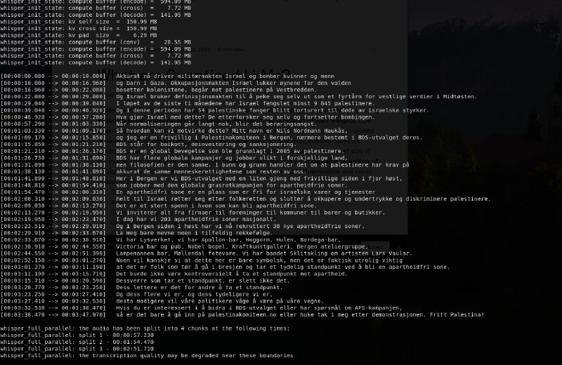 skjermskudd av terminal som syner automatisk generert teksting