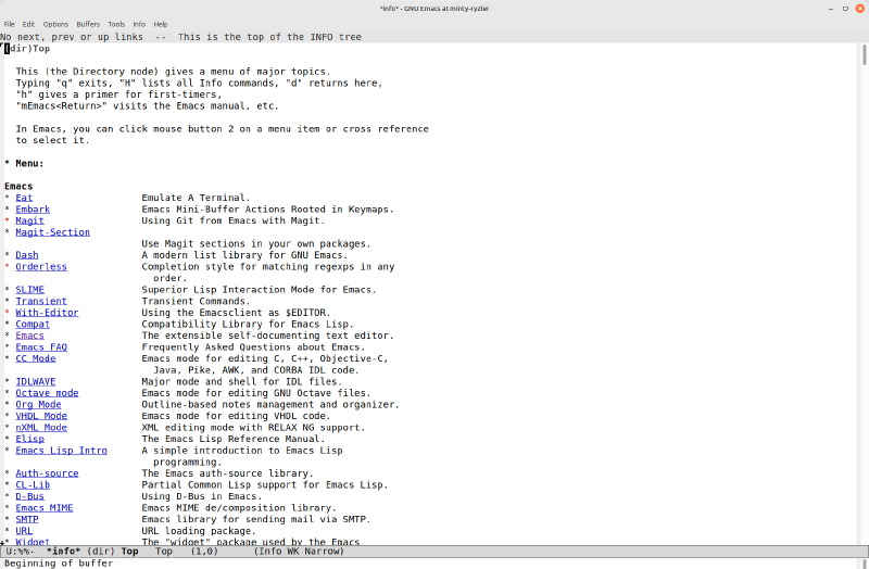 Emacs screenshot with long list of documentation links