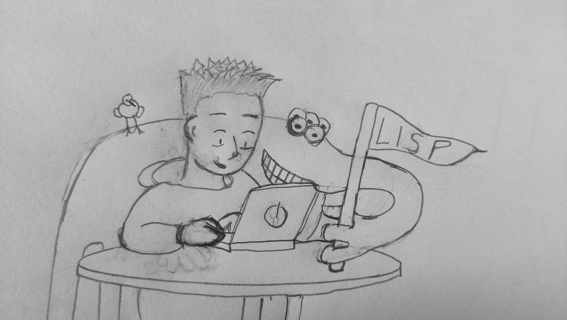 Person sitting in front of a laptop. Behind there's an alien holding a flag with the title 'LISP'. On top of the alien there's a small chicken.