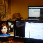 There's my old laptop turned server (top right). The two screens below are connected to my new laptop which is outside of the frame.
