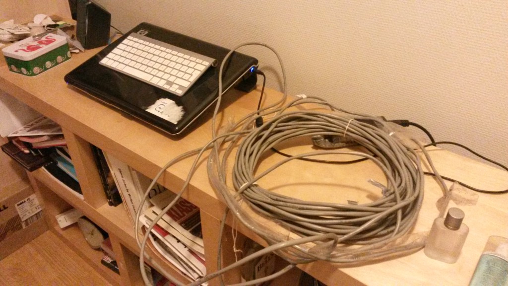 My laptop and my humongous network cable.